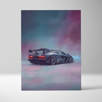 Mclaren senna inspired supercar canvas art showing a sleek matte gray sports car with glowing red taillights and nebula background