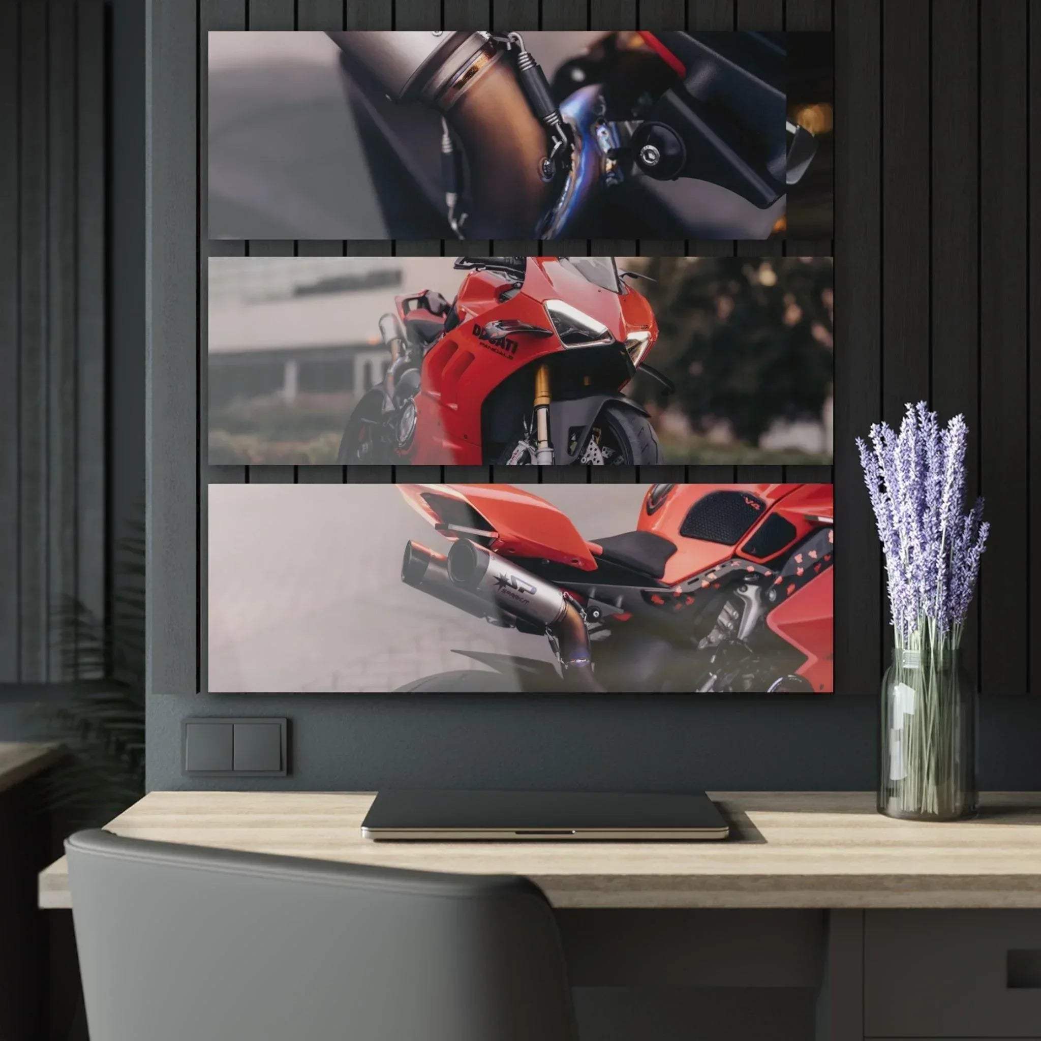 Ducati Panigale V4S red motorcycle on triptych canvas wall art with black and gray tones.