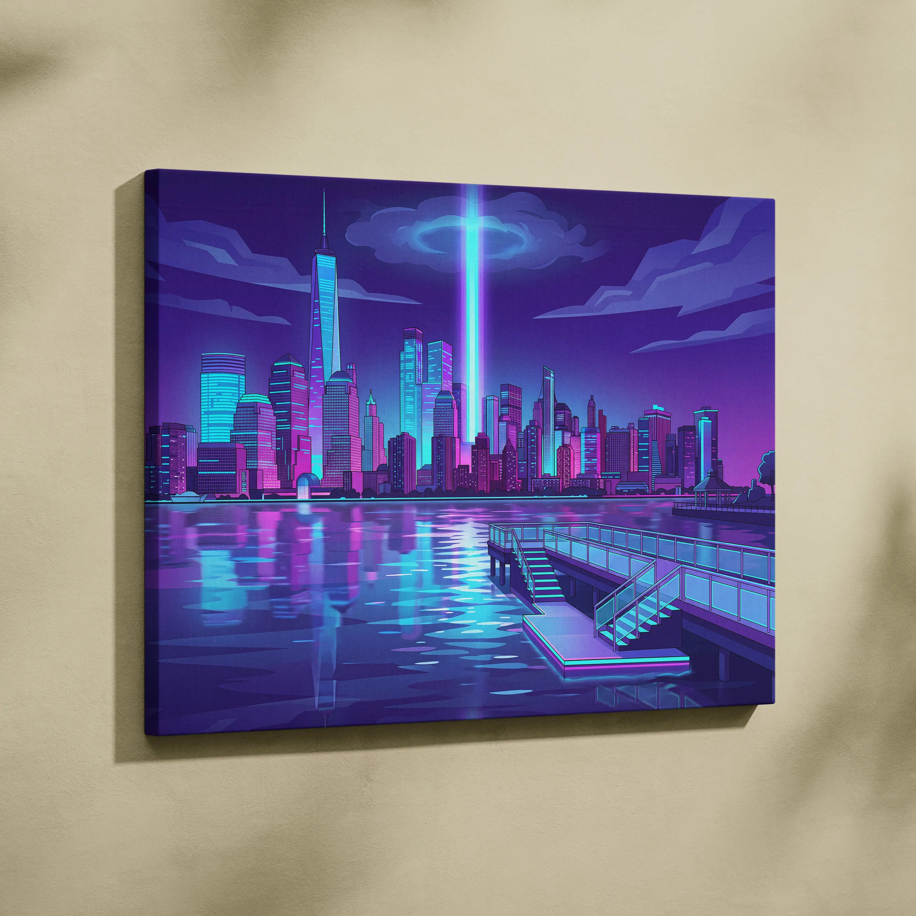 Neon Skyline Vaporwave Canvas - Vaporwave Cityscape Neon Blues Dreamy Mood Cyberpunk Decor Canvas