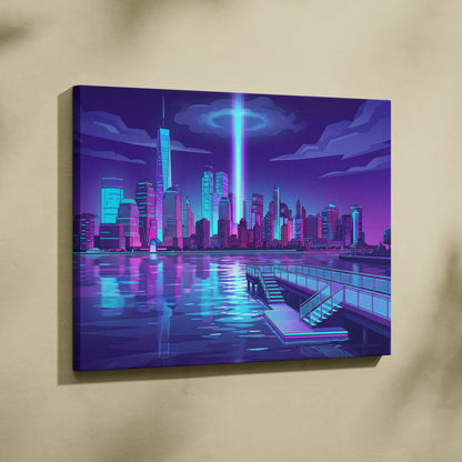 Neon Skyline Vaporwave Canvas - Vaporwave Cityscape Neon Blues Dreamy Mood Cyberpunk Decor Canvas