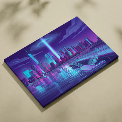 Neon Skyline Vaporwave Canvas - Vaporwave Cityscape Neon Blues Dreamy Mood Cyberpunk Decor Canvas