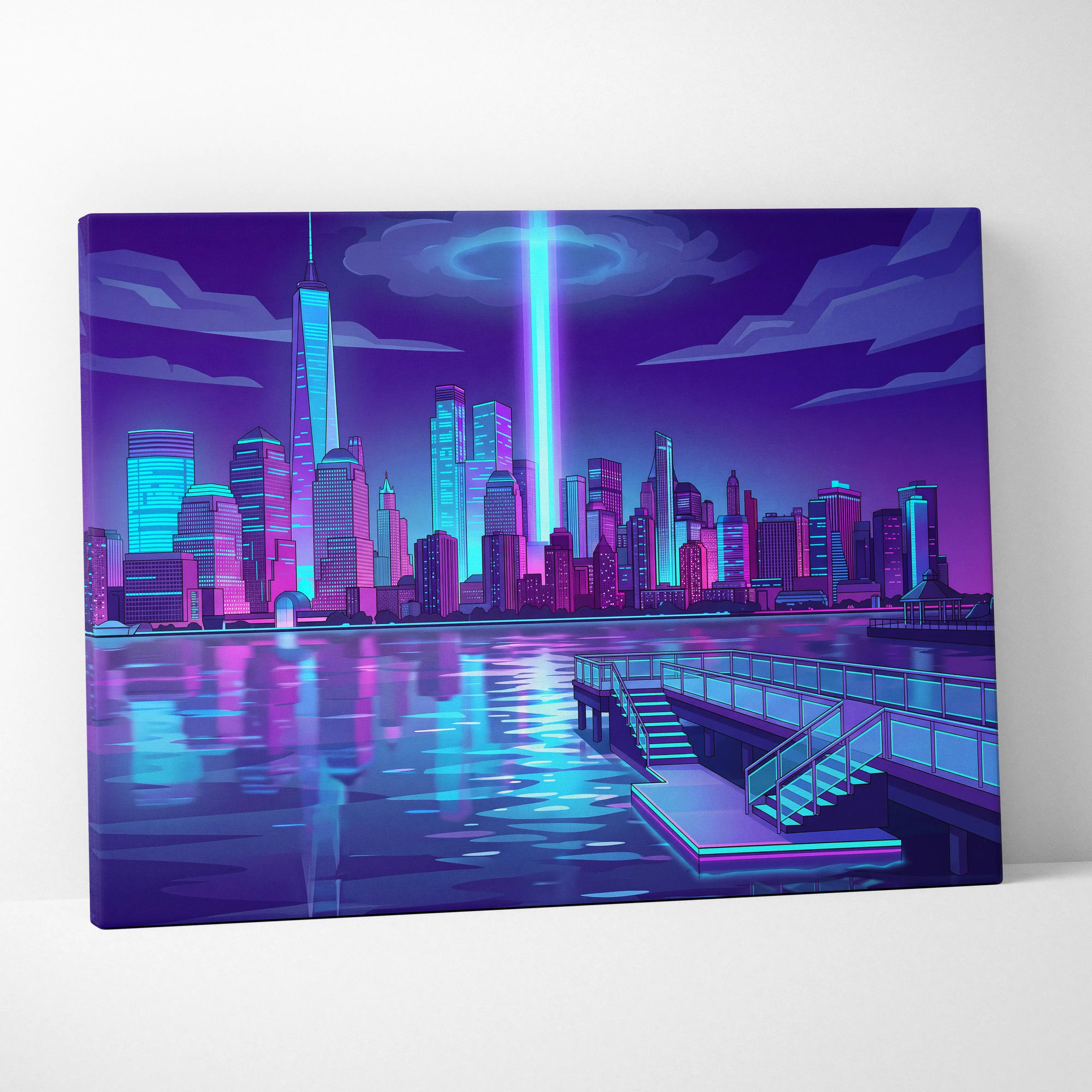 Neon Skyline Vaporwave Canvas - Vaporwave Cityscape Neon Blues Dreamy Mood Cyberpunk Decor Canvas