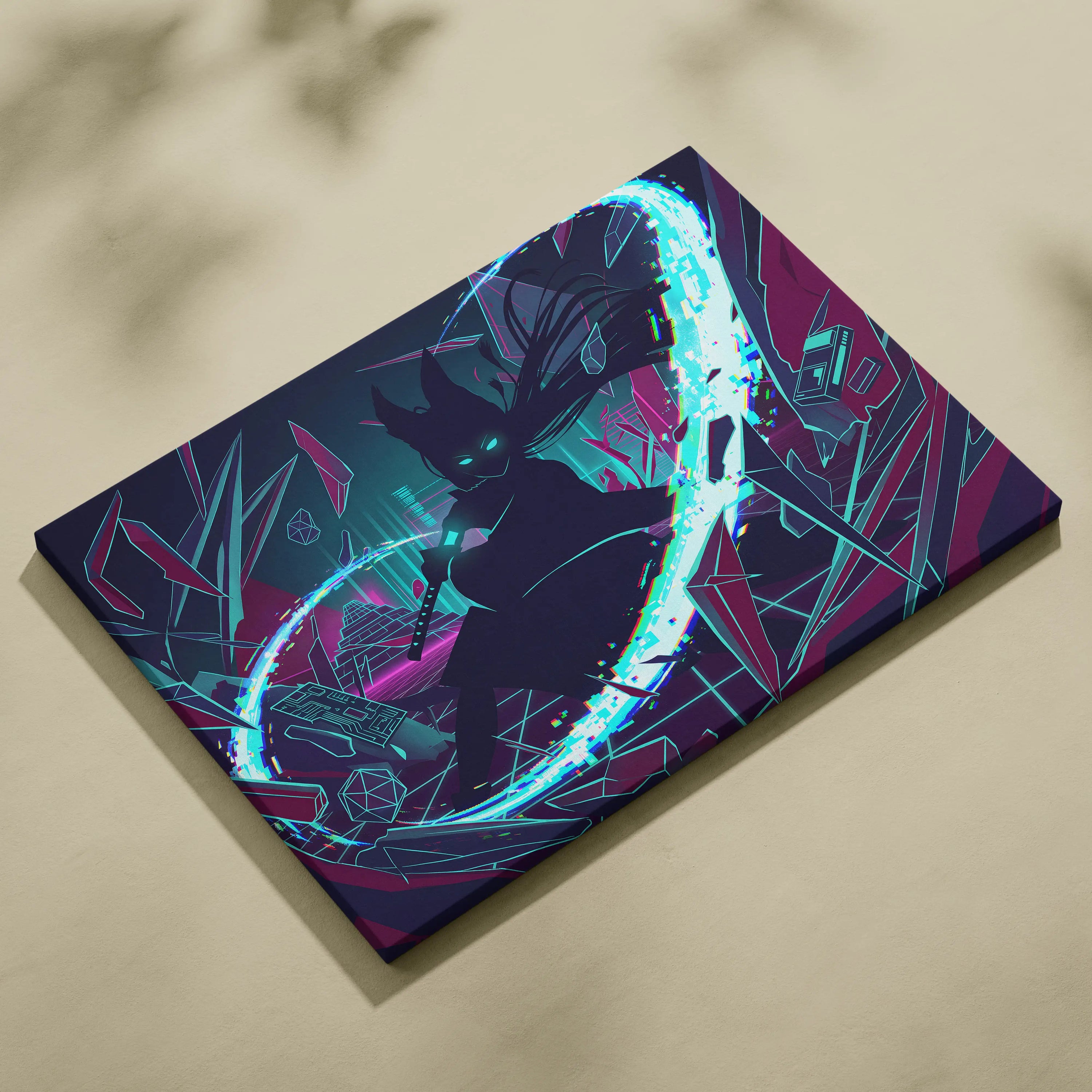 Vaporwave Neon Noir Canvas - Vaporwave Silhouette Neon Teal Magenta Living Room Retrofuture Neon Glitch Poster Canvas