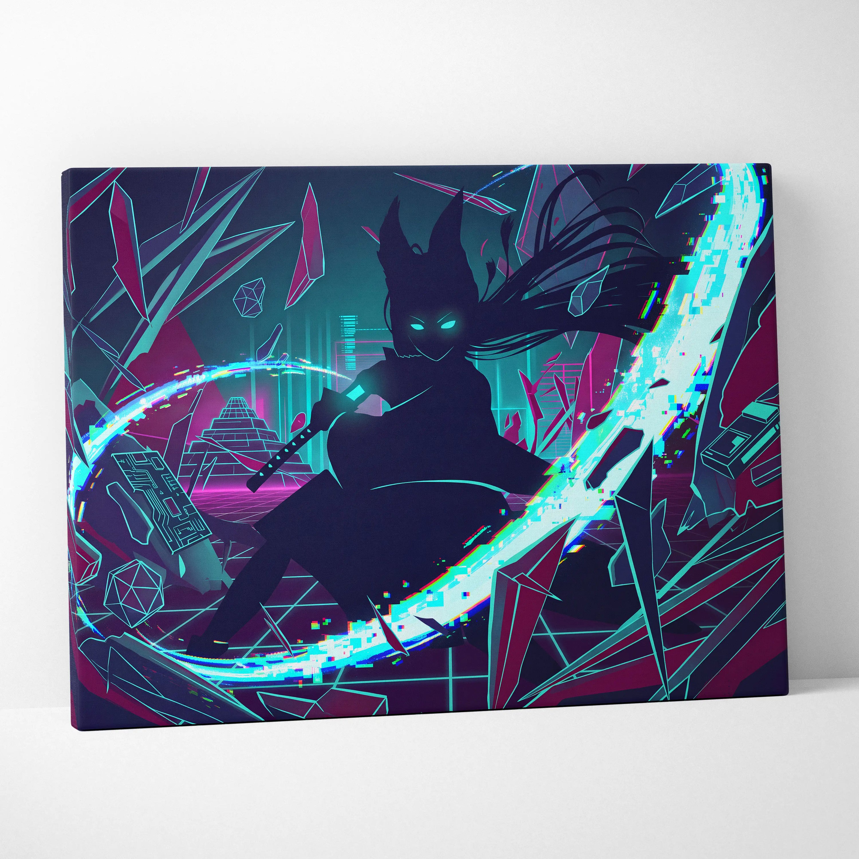 Vaporwave Neon Noir Canvas - Vaporwave Silhouette Neon Teal Magenta Living Room Retrofuture Neon Glitch Poster Canvas
