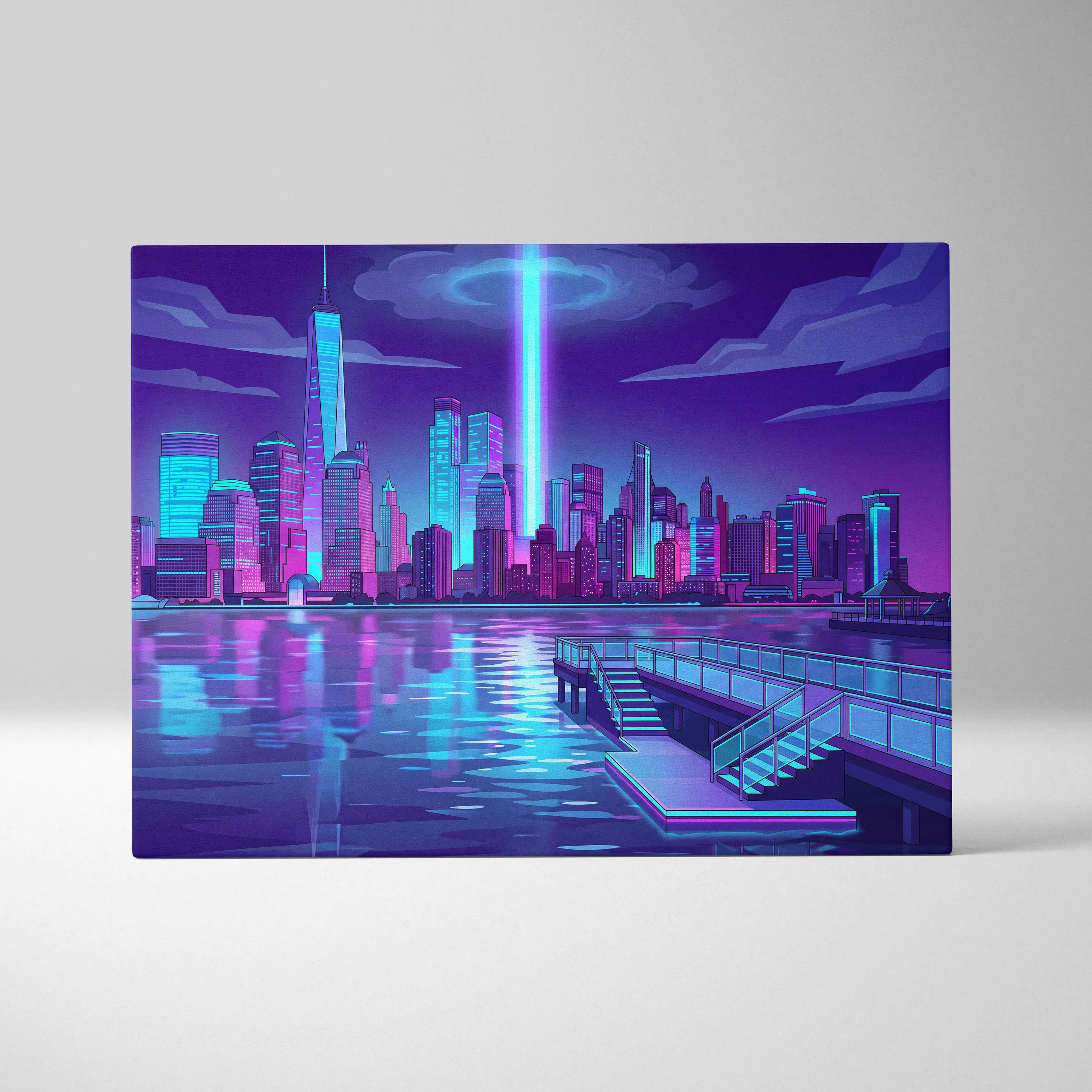 Neon Skyline Vaporwave Canvas - Vaporwave Cityscape Neon Blues Dreamy Mood Cyberpunk Decor Canvas