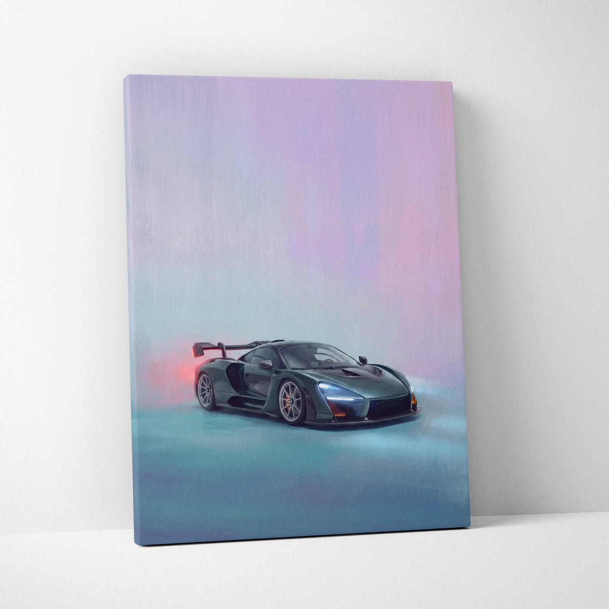 A sleek dark gray McLaren Senna sports car with glowing red accents on a premium automotive canvas wall decor