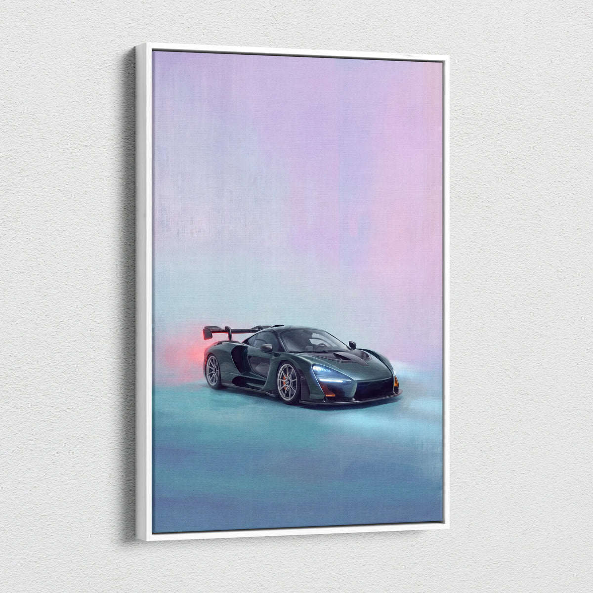 A sleek dark gray McLaren Senna sports car illustration with glowing red and orange accents on canvas wall art