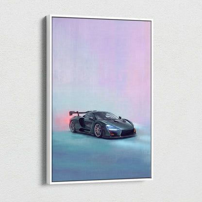 A sleek dark gray McLaren Senna sports car illustration with glowing red and orange accents on canvas wall art
