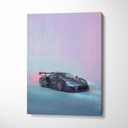 A sleek dark gray mclaren senna sports car with glowing red taillights in a stylized premium canvas art wall decor