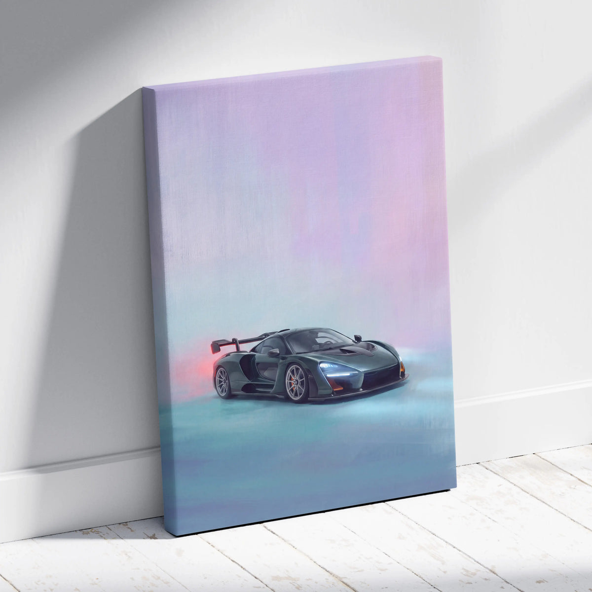 A sleek black McLaren Senna canvas print with glowing red and blue accents for premium automotive wall decor