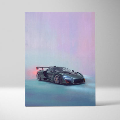 McLaren Senna inspired canvas art featuring a sleek dark green sports car with glowing red and orange rear accents
