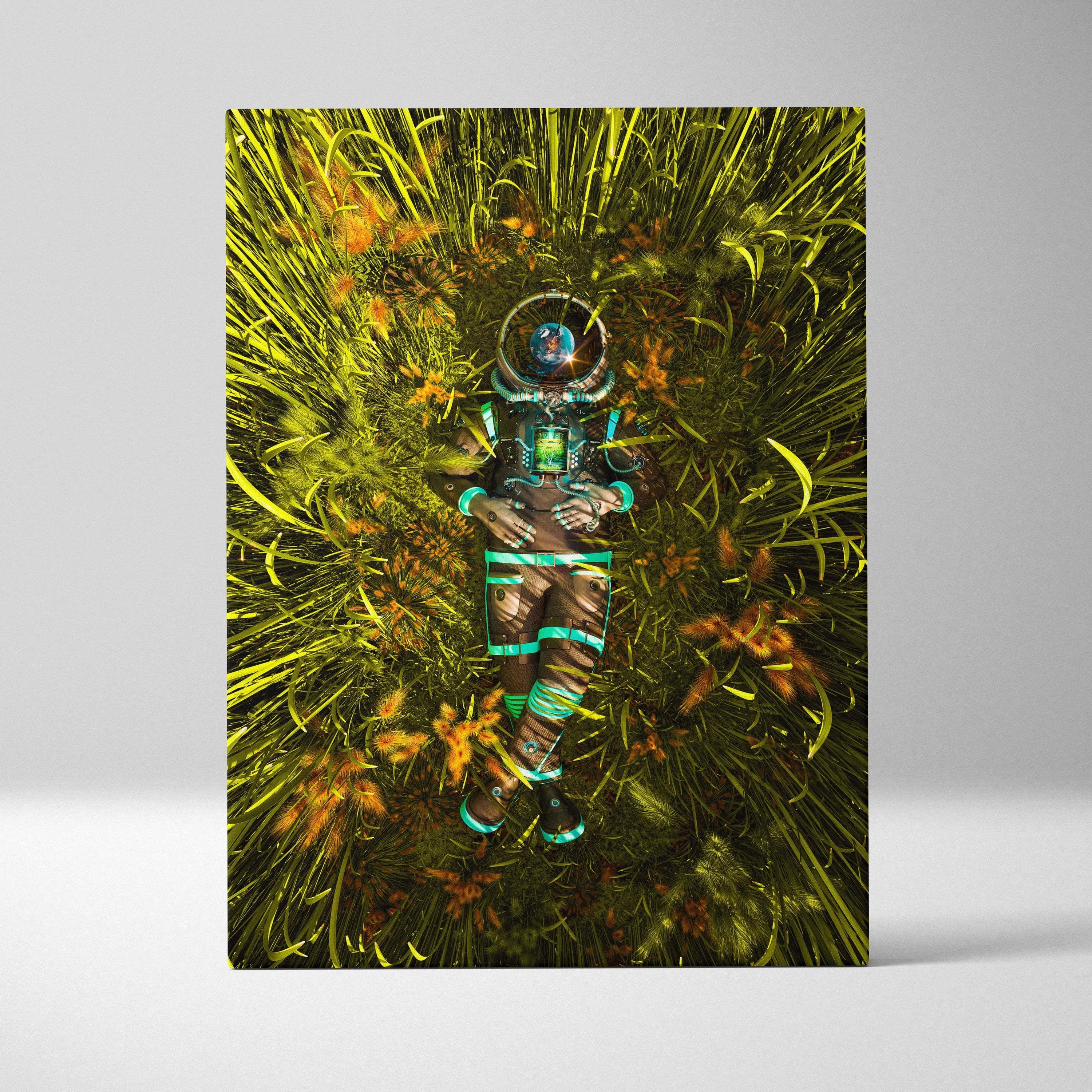 Futuristic astronaut in teal-glow suit resting in surreal neon green grass canvas art