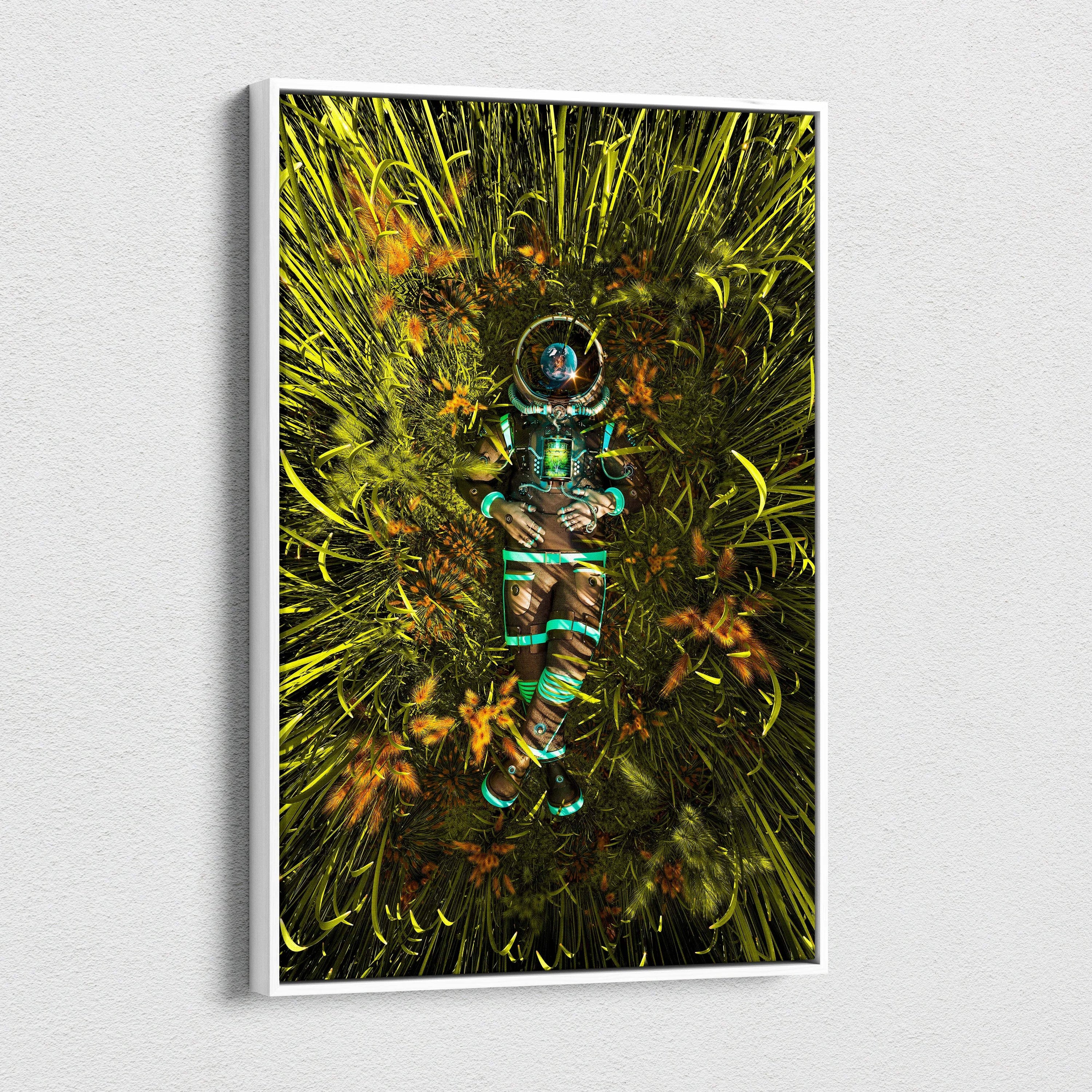 Surreal sci-fi astronaut in teal suit resting in luminous neon green grass canvas art