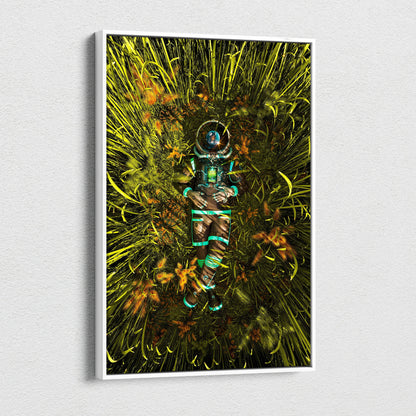 Surreal sci-fi astronaut in teal suit resting in luminous neon green grass canvas art
