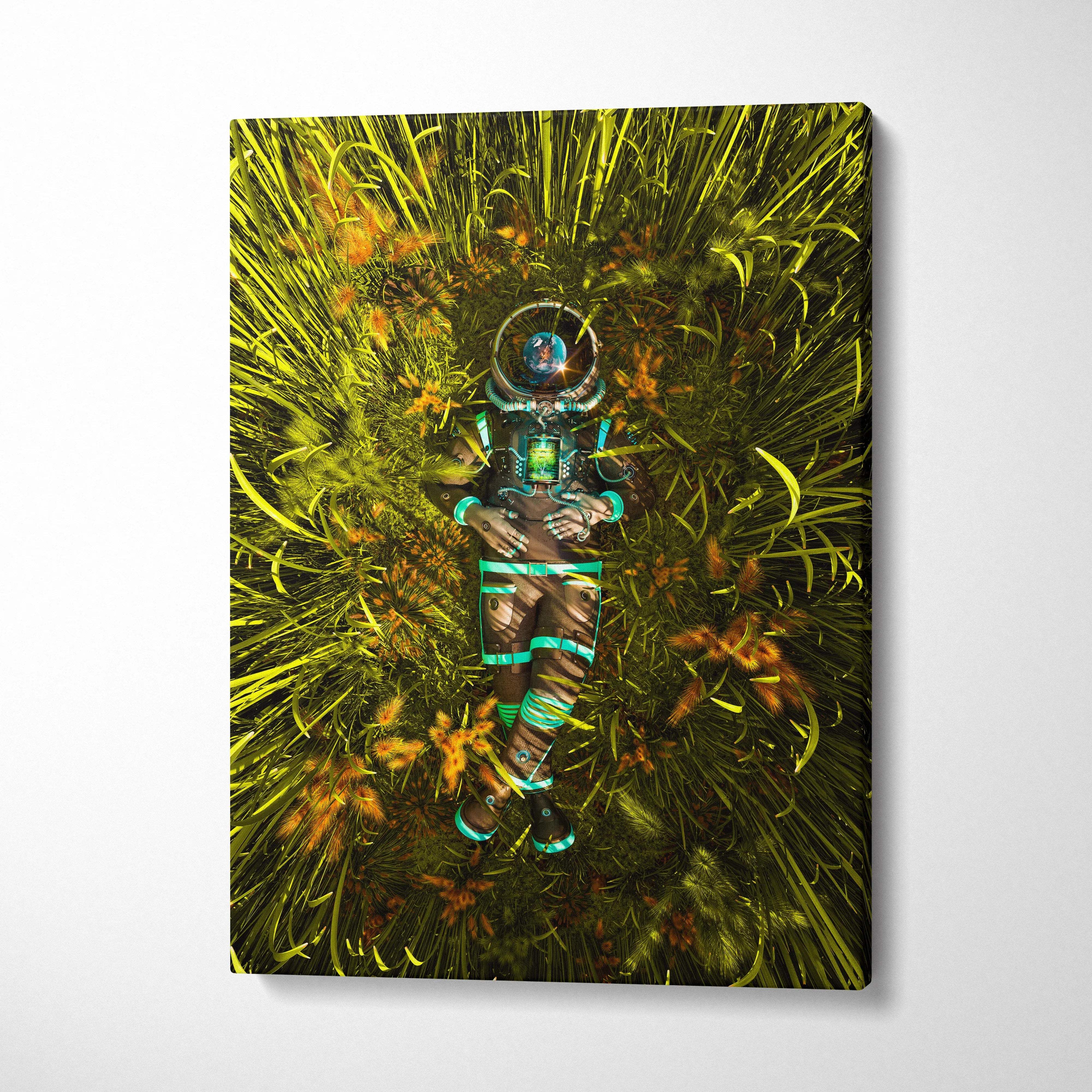 Surreal sci-fi astronaut in teal suit resting in luminous neon green grass canvas print