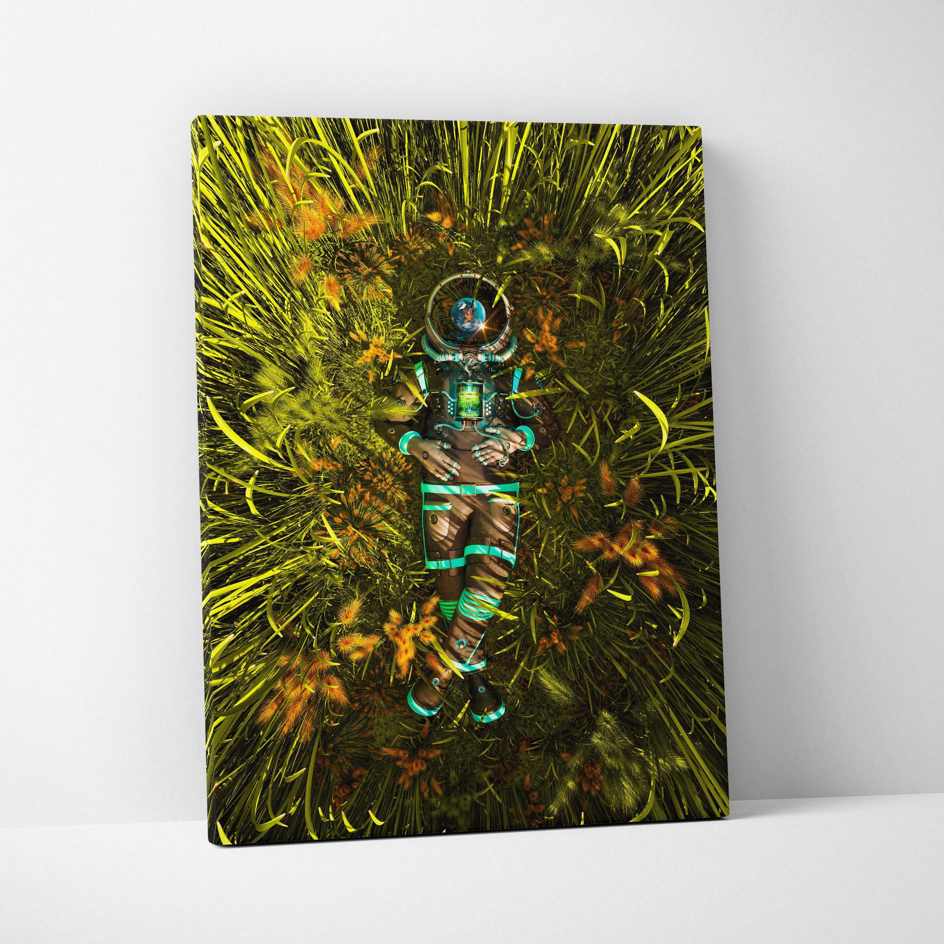 Surreal sci-fi astronaut in teal suit resting in luminous neon green grass canvas art