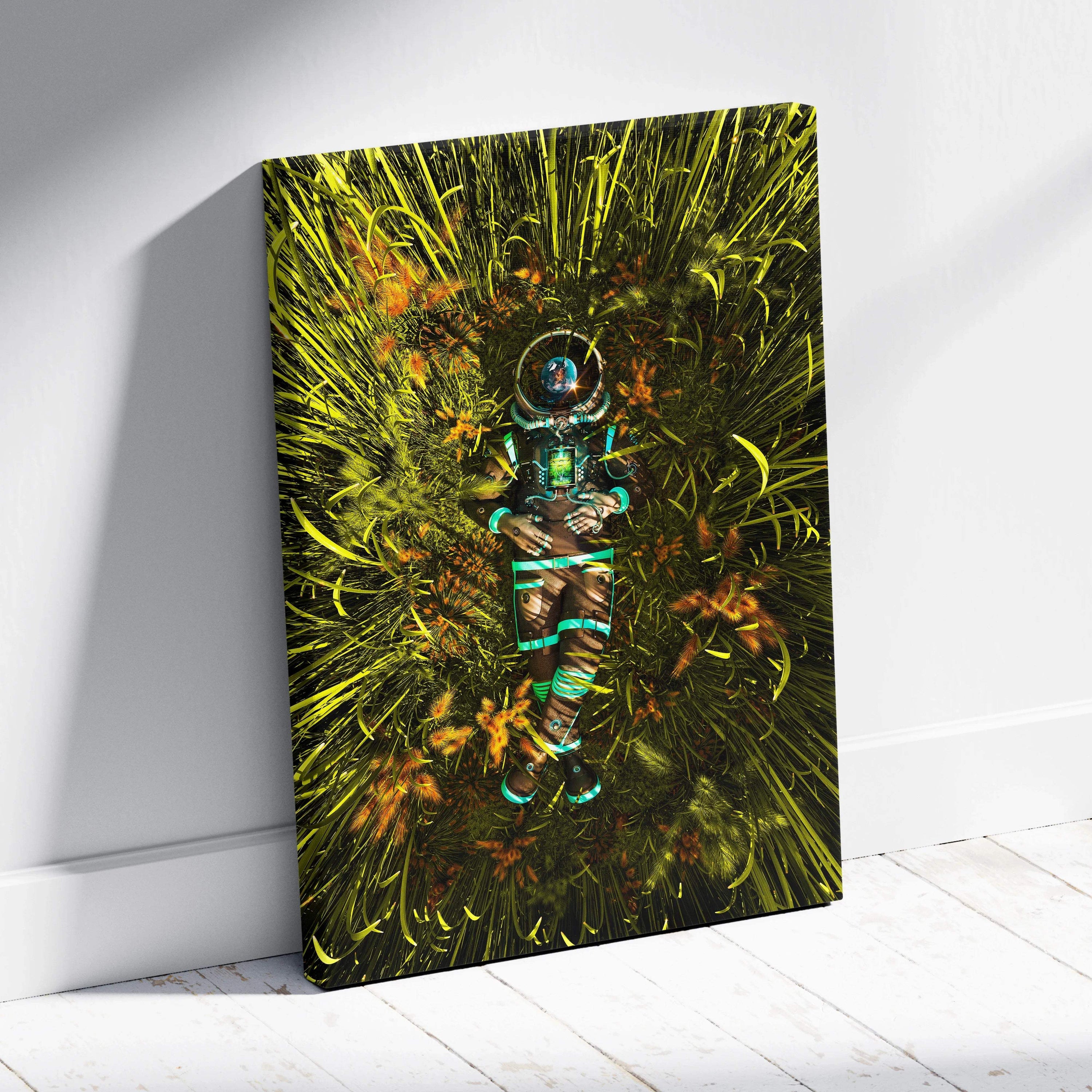 Surreal sci-fi astronaut in teal suit resting in luminous neon green grass canvas art