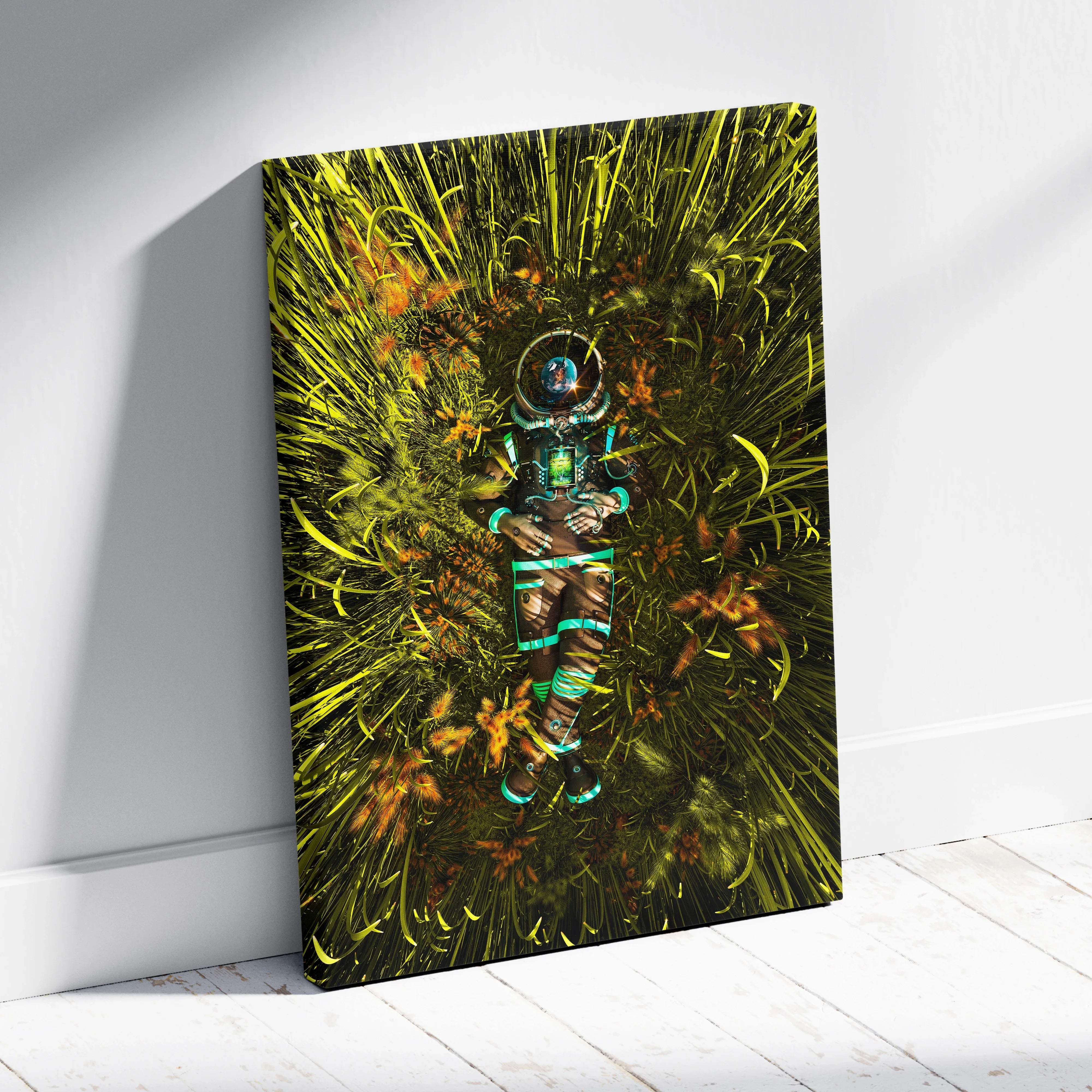 Surreal sci-fi astronaut in teal suit resting in luminous neon green grass canvas art