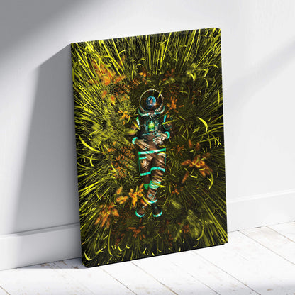 Surreal sci-fi astronaut in teal suit resting in luminous neon green grass canvas art