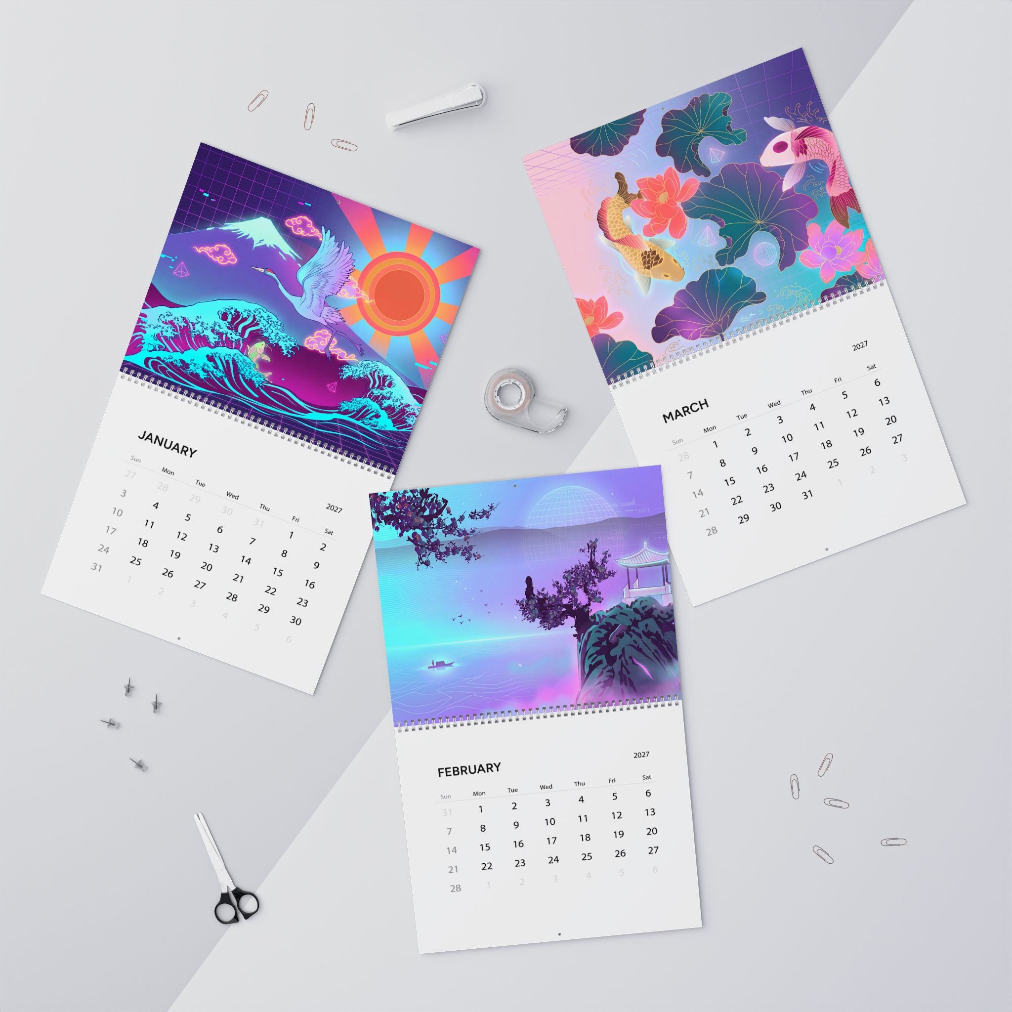 2027 Japan Inspired Vaporwave Wall Calendar – Koi Fish, Mount Fuji & Neon Wave Artwork