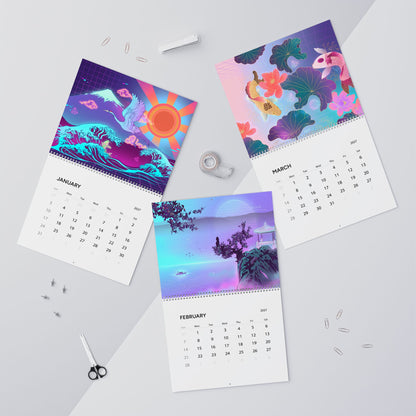 2027 Japan Inspired Vaporwave Wall Calendar – Koi Fish, Mount Fuji & Neon Wave Artwork