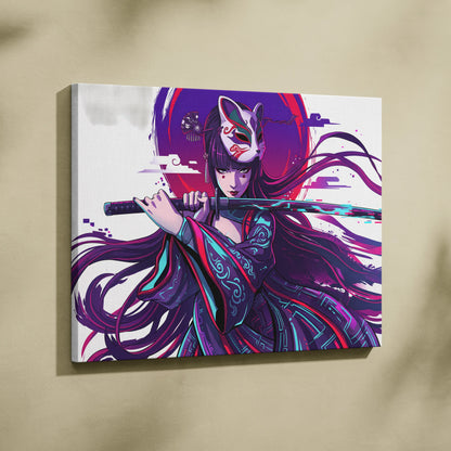 Vaporwave Neon Fox Portrait Canvas - Fox Portrait, Purple Neon, Living Room, Vaporwave Mood Dreamy; Arcade Art Canvas
