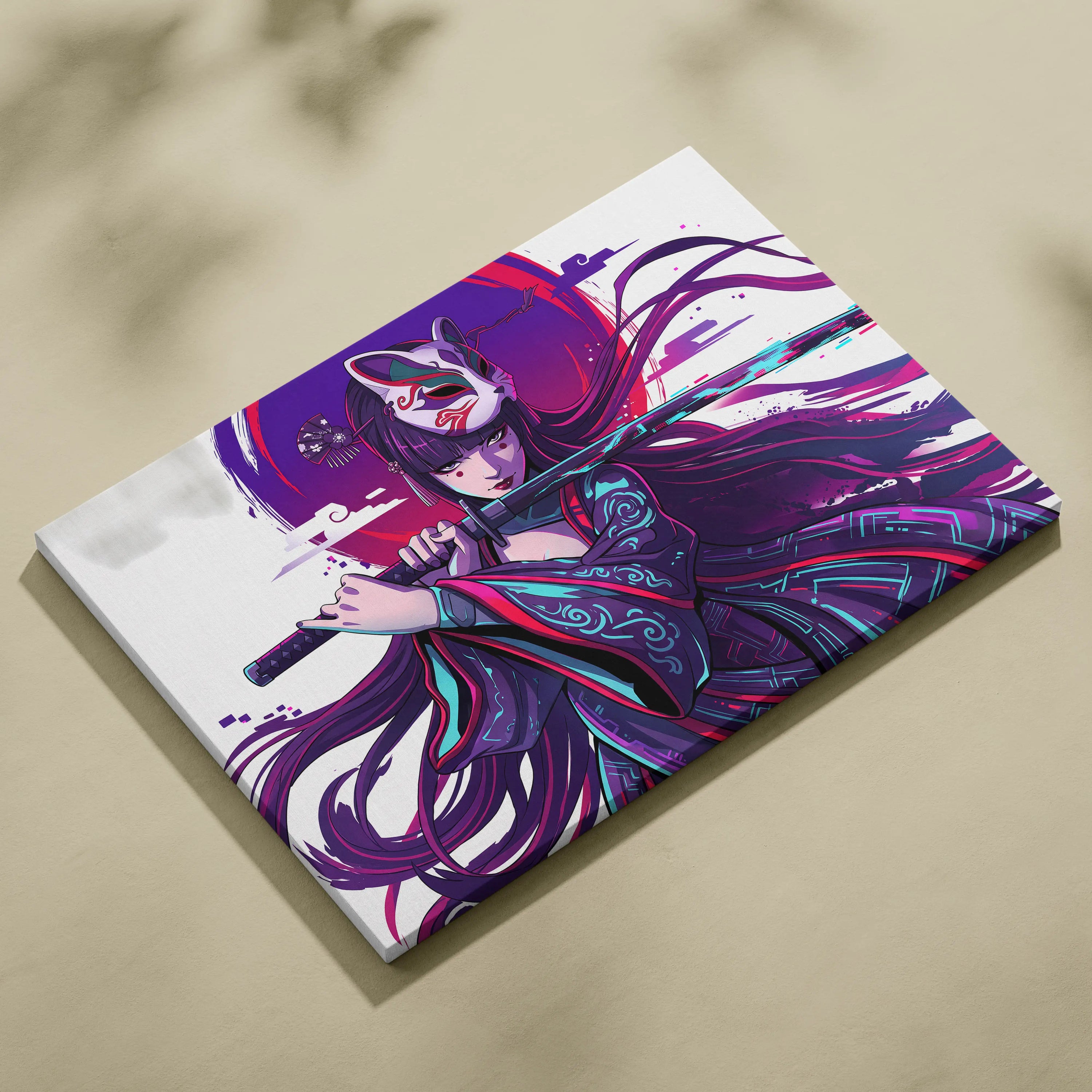 Vaporwave Neon Fox Portrait Canvas - Fox Portrait, Purple Neon, Living Room, Vaporwave Mood Dreamy; Arcade Art Canvas