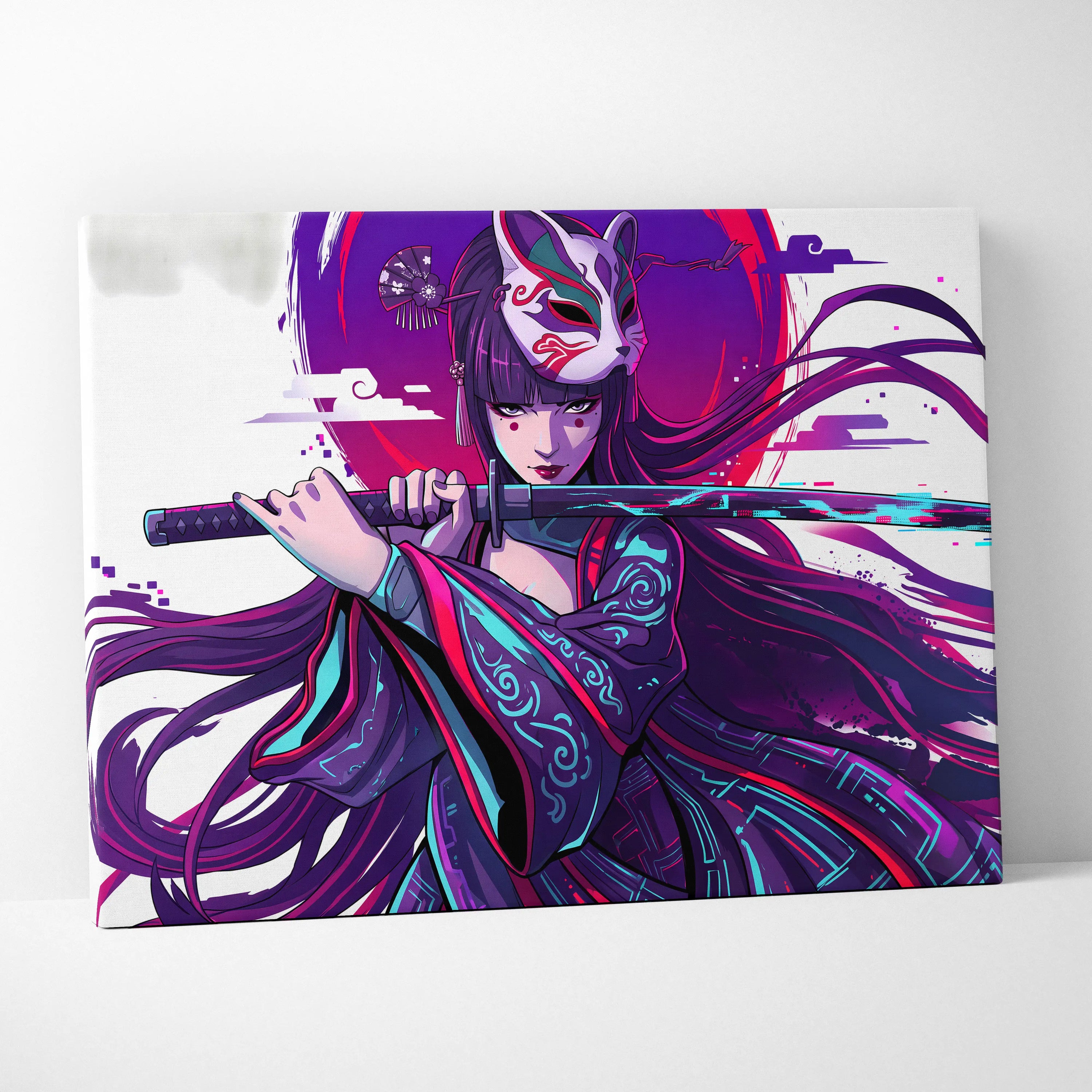 Vaporwave Neon Fox Portrait Canvas - Fox Portrait, Purple Neon, Living Room, Vaporwave Mood Dreamy; Arcade Art Canvas