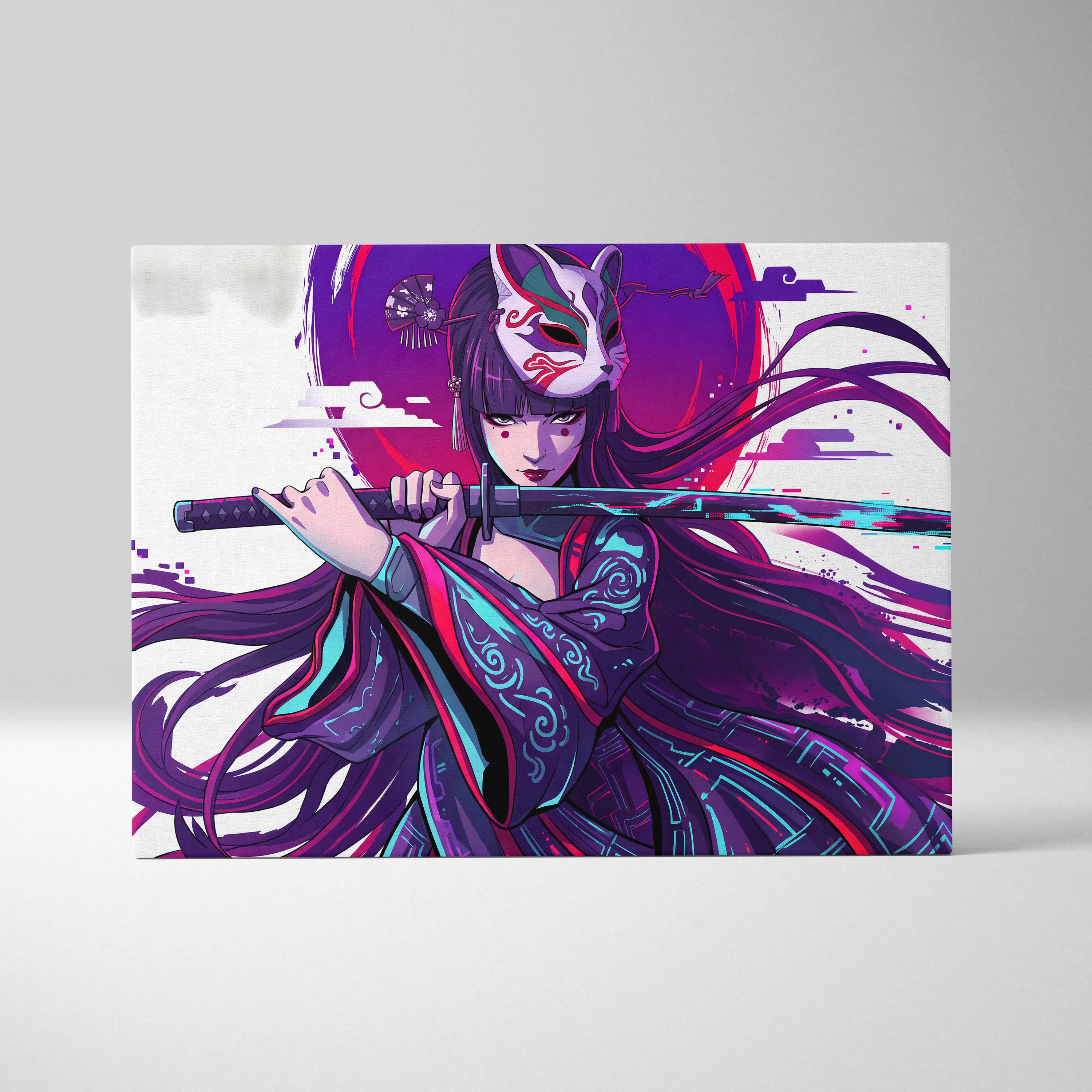 Vaporwave Neon Fox Portrait Canvas - Fox Portrait, Purple Neon, Living Room, Vaporwave Mood Dreamy; Arcade Art Canvas