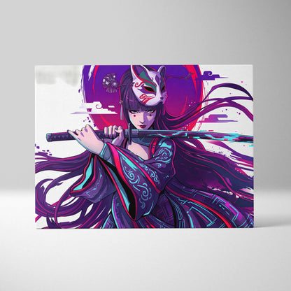 Vaporwave Neon Fox Portrait Canvas - Fox Portrait, Purple Neon, Living Room, Vaporwave Mood Dreamy; Arcade Art Canvas