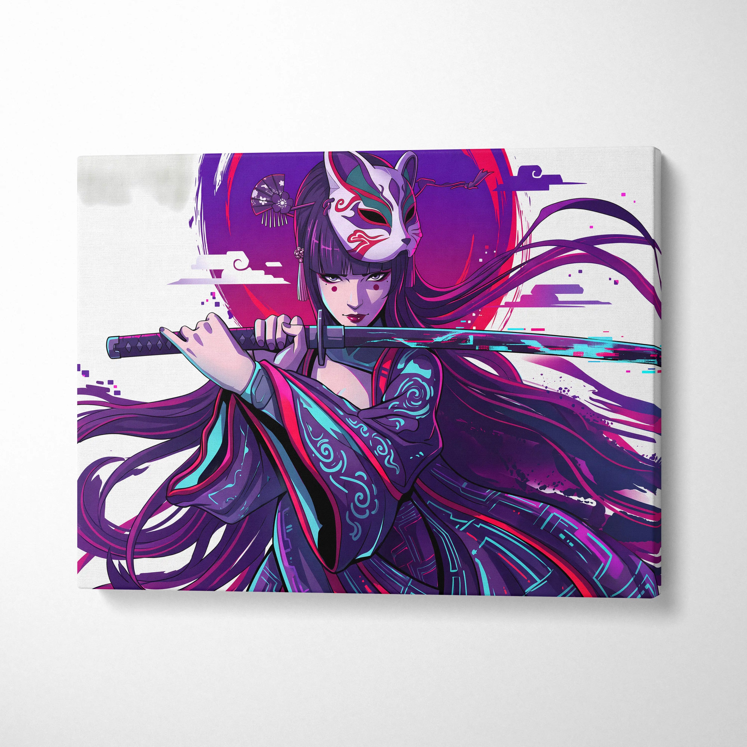 Vaporwave Neon Fox Portrait Canvas - Fox Portrait, Purple Neon, Living Room, Vaporwave Mood Dreamy; Arcade Art Canvas