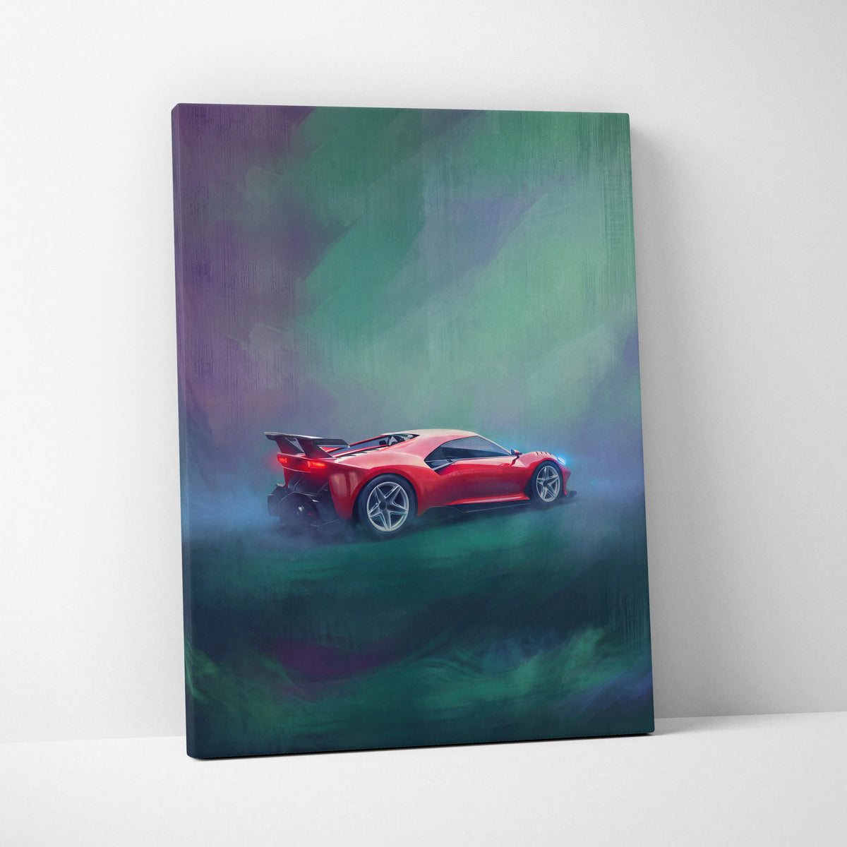 Vibrant red Ferrari P80/C inspired sports car wall art in a dynamic stylized painting on canvas track edition print