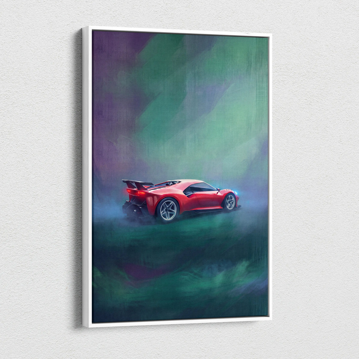 Ferrari p80c inspired car wall art featuring a red sports car with a glowing green and purple aurora background on canvas