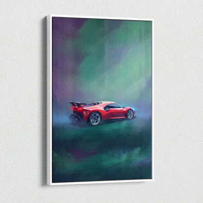 Ferrari p80c inspired car wall art featuring a red sports car with a glowing green and purple aurora background on canvas