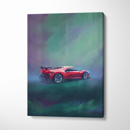 Ferrari p80c inspired vibrant red sports car wall art on canvas with green and purple misty background track edition