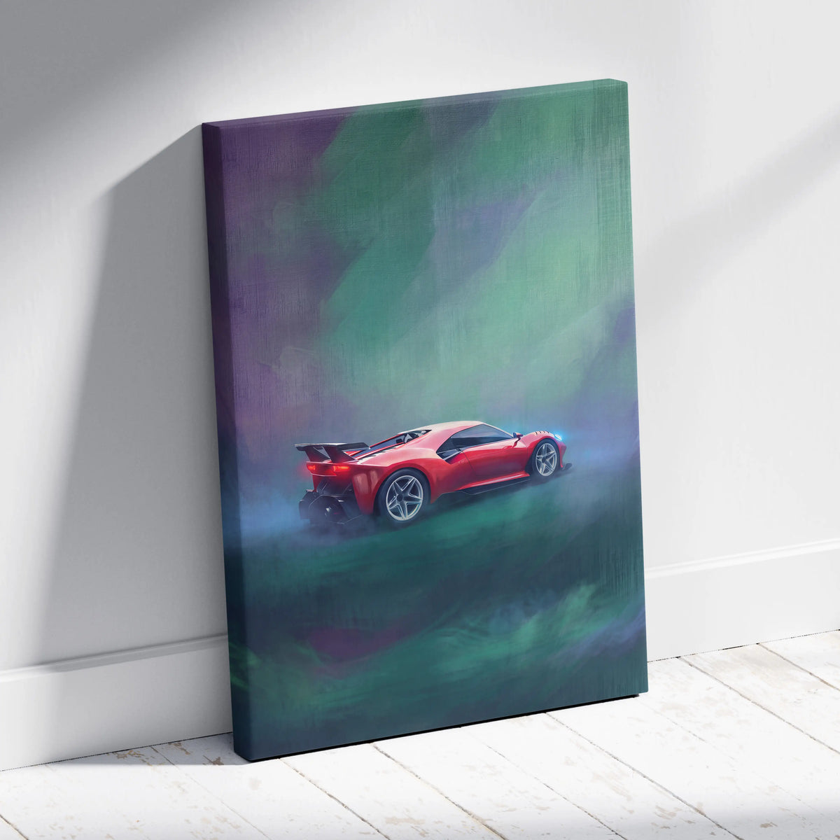 Red ferrari sports car canvas print with sleek aerodynamic design, glowing blue headlights, and purple green aurora background