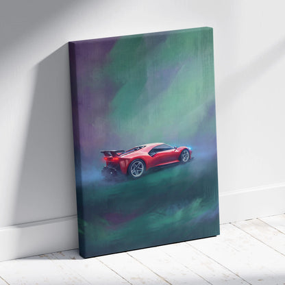 Red ferrari sports car canvas print with sleek aerodynamic design, glowing blue headlights, and purple green aurora background