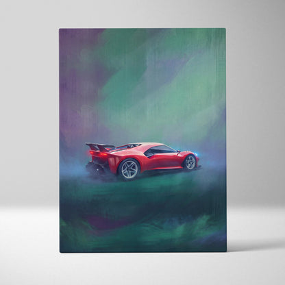 Vibrant red Ferrari P80 C inspired sports car wall art canvas print with dynamic painterly style and aurora backdrop