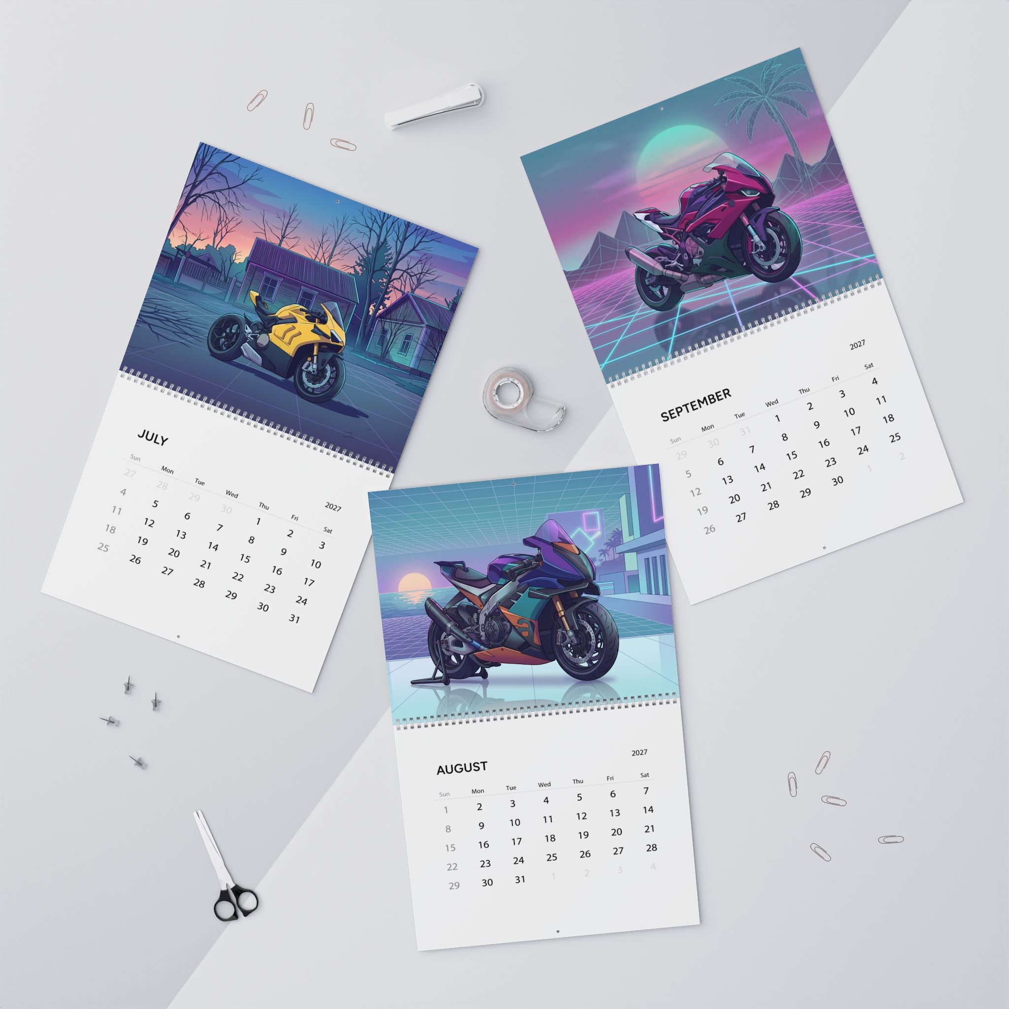 2027 Superbike Vaporwave Art Calendar – High Performance Motorcycles & Neon Street Artwork Collection