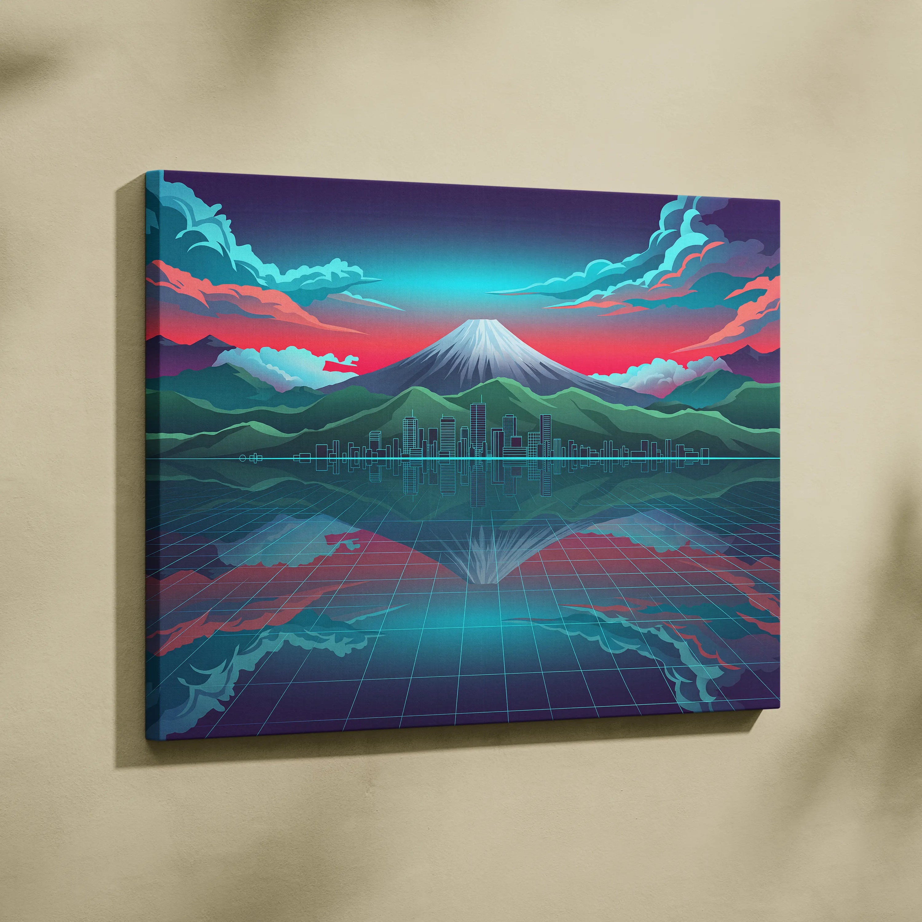 Neon Mountain Vaporwave Canvas - Mountain Neon Blues Pink Purple Living Room Vaporwave Futurism Decor Art Print