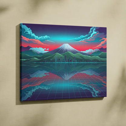 Neon Mountain Vaporwave Canvas - Mountain Neon Blues Pink Purple Living Room Vaporwave Futurism Decor Art Print