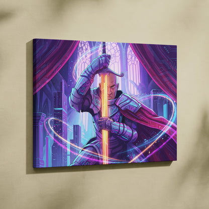 Vaporwave Knight Neon Canvas - Knight Neon Purple Pink Blue Living Room Vaporwave Art Moody Retro-Futurism Neon Aesthetic Canvas Print