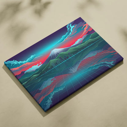 Neon Mountain Vaporwave Canvas - Mountain Neon Blues Pink Purple Living Room Vaporwave Futurism Decor Art Print