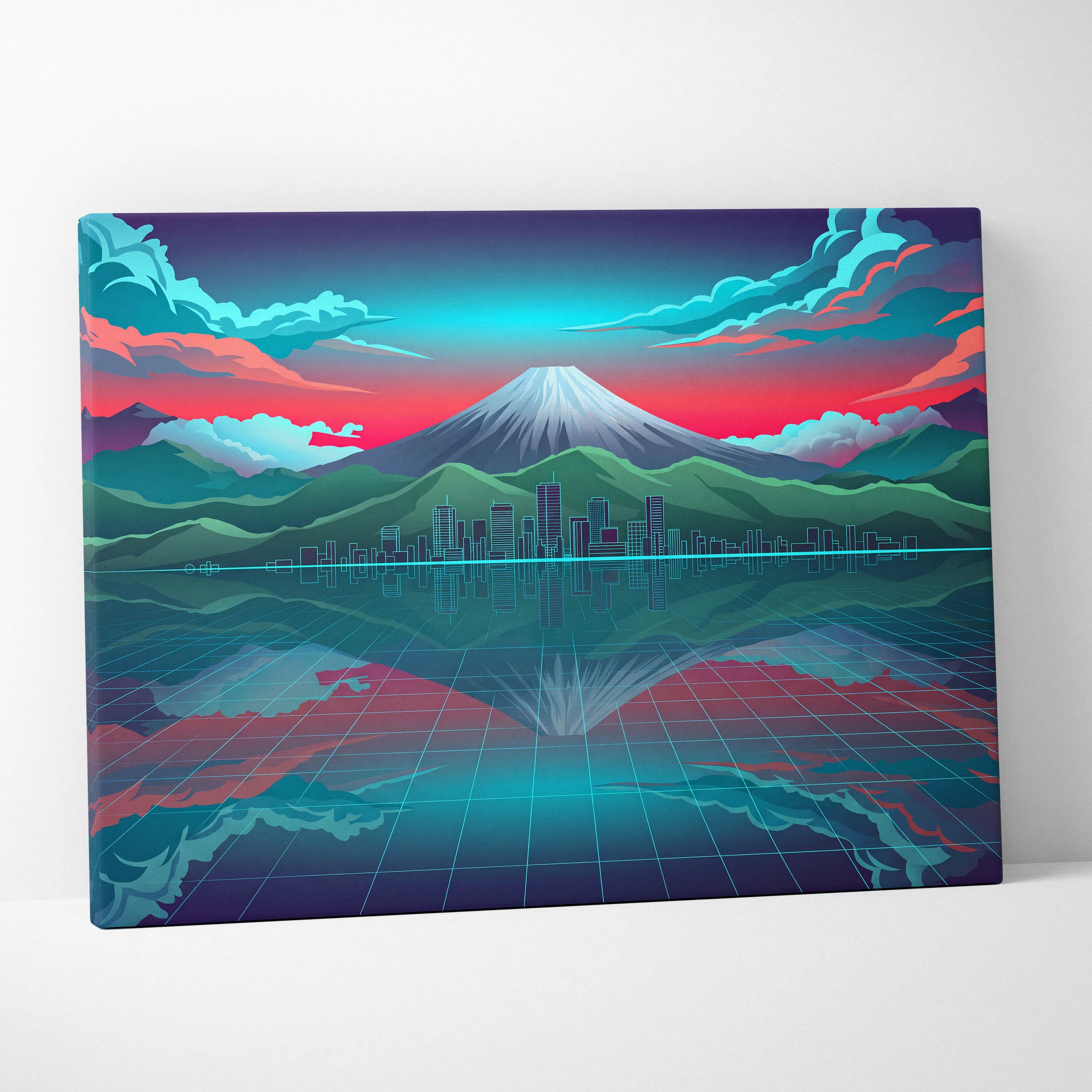 Neon Mountain Vaporwave Canvas - Mountain Neon Blues Pink Purple Living Room Vaporwave Futurism Decor Art Print