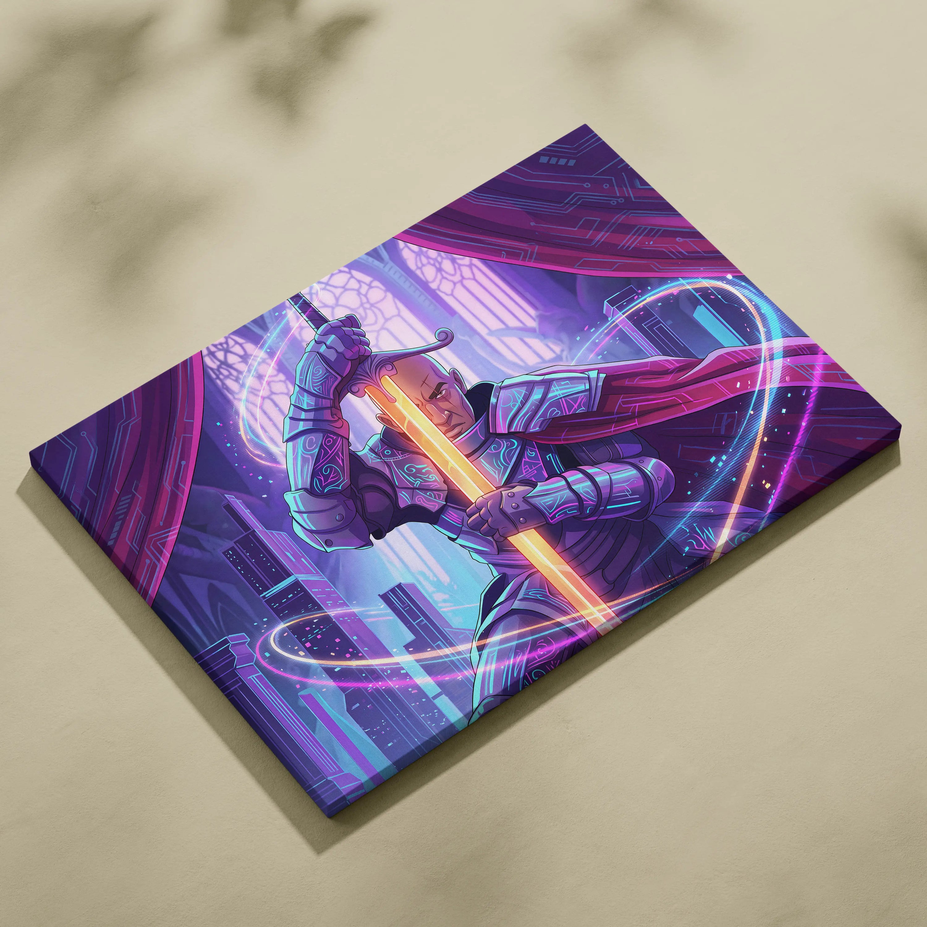 Vaporwave Knight Neon Canvas - Knight Neon Purple Pink Blue Living Room Vaporwave Art Moody Retro-Futurism Neon Aesthetic Canvas Print
