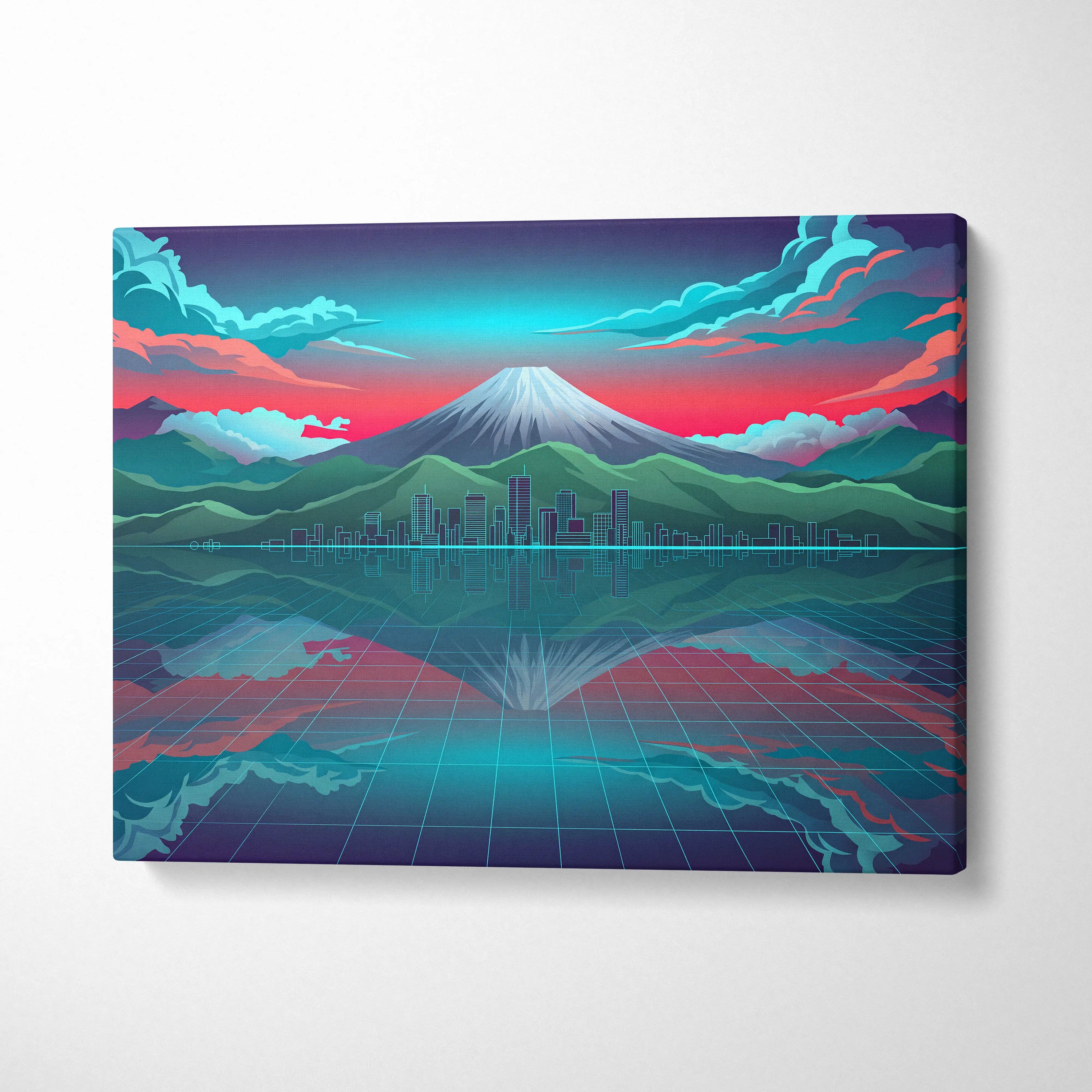Neon Mountain Vaporwave Canvas - Mountain Neon Blues Pink Purple Living Room Vaporwave Futurism Decor Art Print