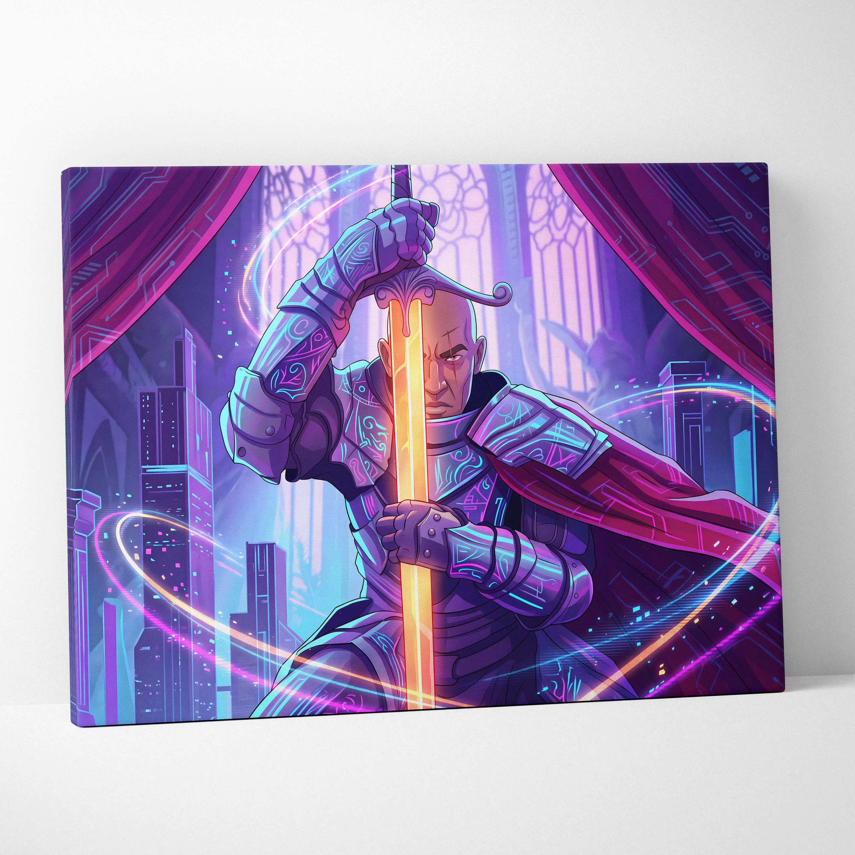 Vaporwave Knight Neon Canvas - Knight Neon Purple Pink Blue Living Room Vaporwave Art Moody Retro-Futurism Neon Aesthetic Canvas Print