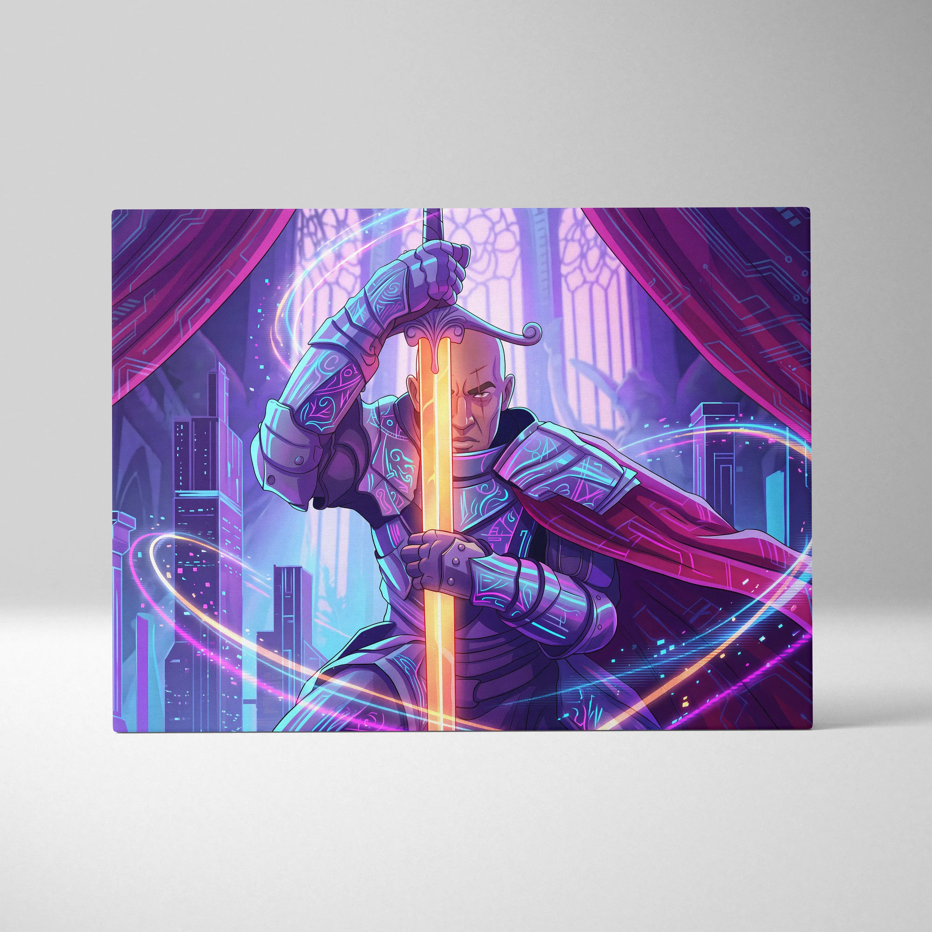Vaporwave Knight Neon Canvas - Knight Neon Purple Pink Blue Living Room Vaporwave Art Moody Retro-Futurism Neon Aesthetic Canvas Print