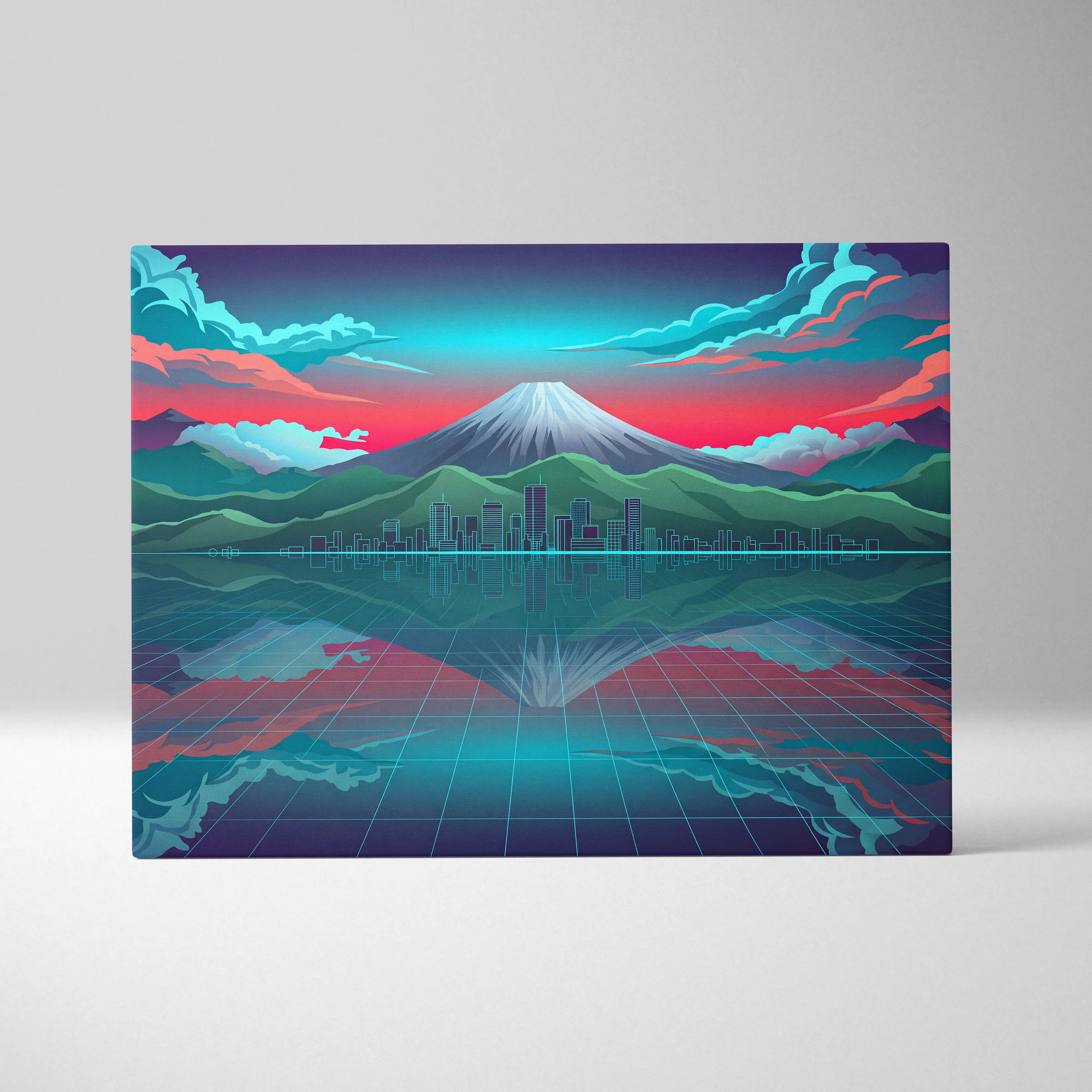 Neon Mountain Vaporwave Canvas - Mountain Neon Blues Pink Purple Living Room Vaporwave Futurism Decor Art Print