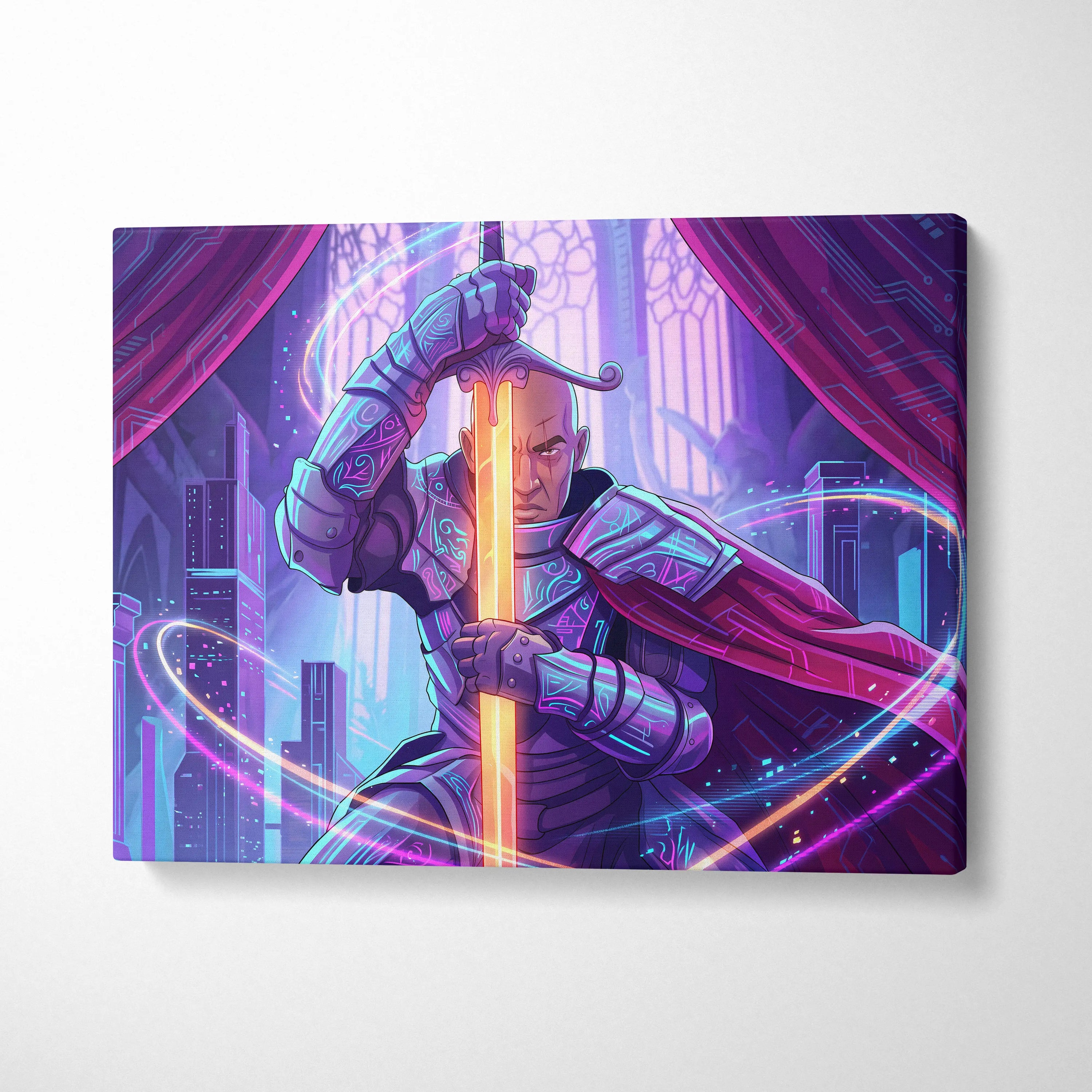 Vaporwave Knight Neon Canvas - Knight Neon Purple Pink Blue Living Room Vaporwave Art Moody Retro-Futurism Neon Aesthetic Canvas Print